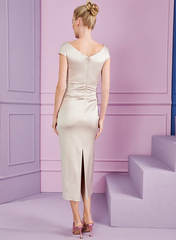 Sheath Cowl Neck Short Sleeves Tea-Length Satin Mother Of The Bride Dresses