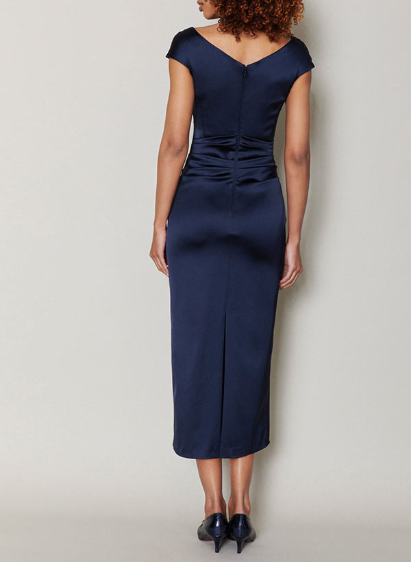 Sheath Cowl Neck Short Sleeves Tea-Length Satin Mother Of The Bride Dresses