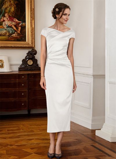 Sheath/Column Cowl Neck Short Sleeves Tea-Length Charmeuse Bridesmaid Dresses