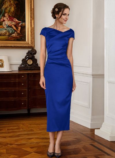 Sheath Cowl Neck Short Sleeves Tea-Length Satin Mother Of The Bride Dresses