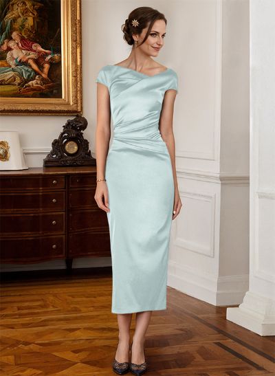 Sheath/Column Cowl Neck Short Sleeves Tea-Length Charmeuse Bridesmaid Dresses