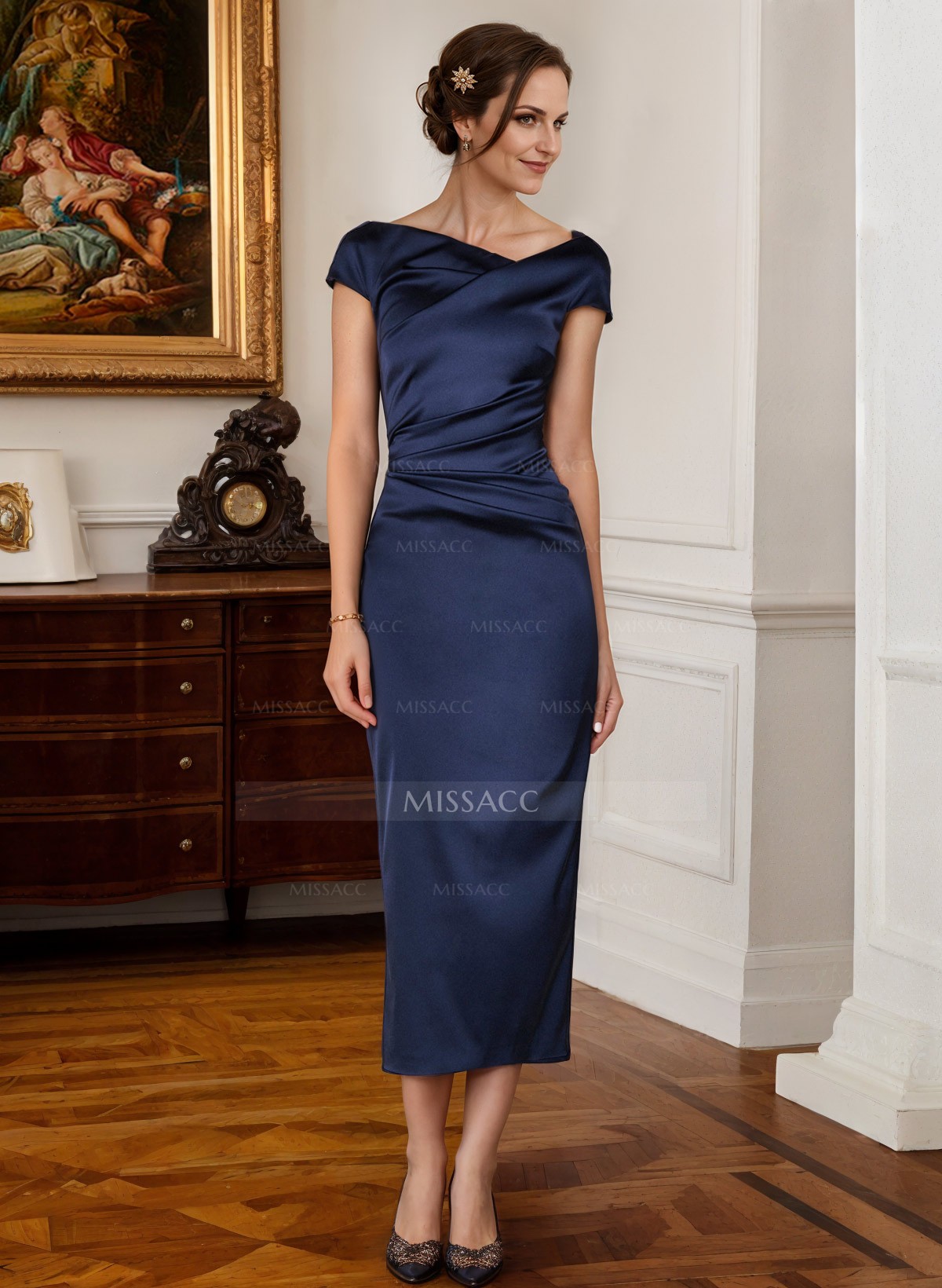 Dark Gold Cowl Neck Slit Tea Length Bridesmaid Dress