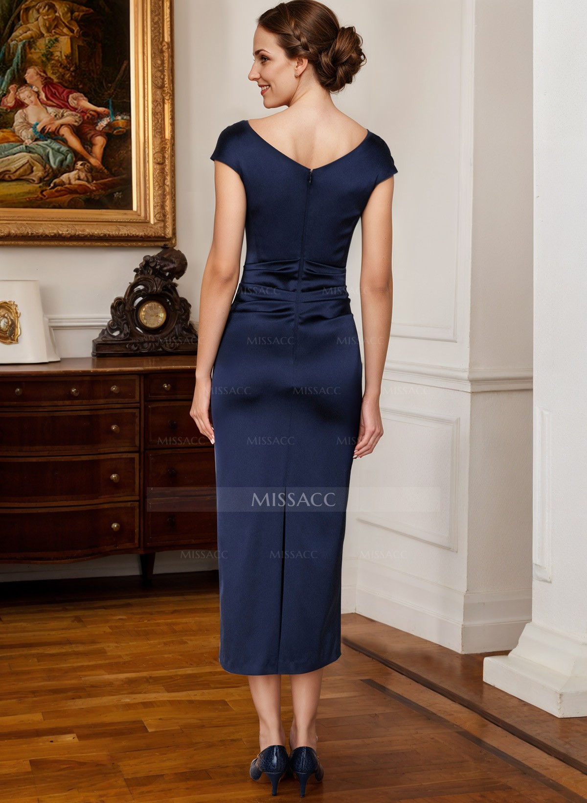 Sheath Cowl Neck Short Sleeves Tea-Length Satin Mother Of The Bride Dresses