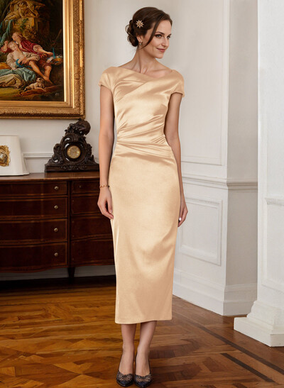 Sheath Cowl Neck Short Sleeves Tea-Length Satin Mother Of The Bride Dresses