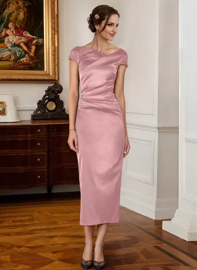 Missacc Lilac Mother Of The Bride Dresses Sheath Cowl Neck Short Sleeves Tea-Length Satin Mother Of The Bride Dresses