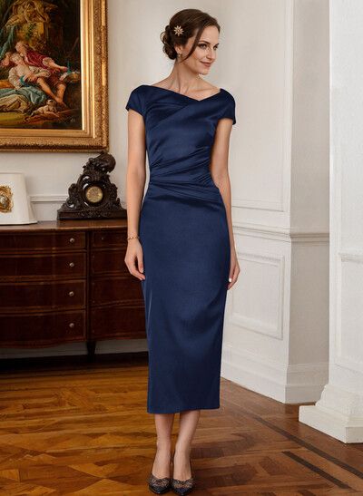 Sheath Cowl Neck Short Sleeves Tea-Length Satin Mother Of The Bride Dresses