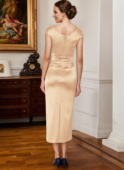 Sheath Cowl Neck Short Sleeves Tea-Length Satin Mother Of The Bride Dresses