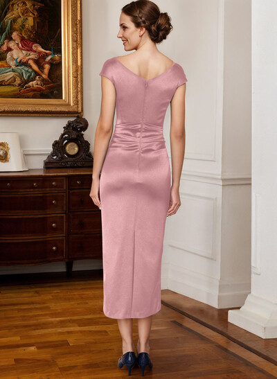 Sheath Cowl Neck Short Sleeves Tea-Length Satin Mother Of The Bride Dresses