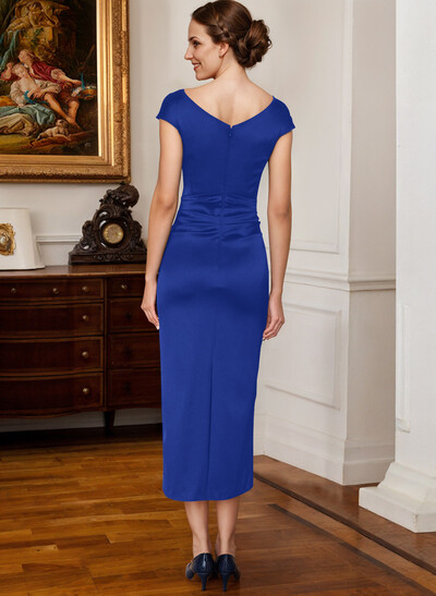 Sheath Cowl Neck Short Sleeves Tea-Length Satin Mother Of The Bride Dresses