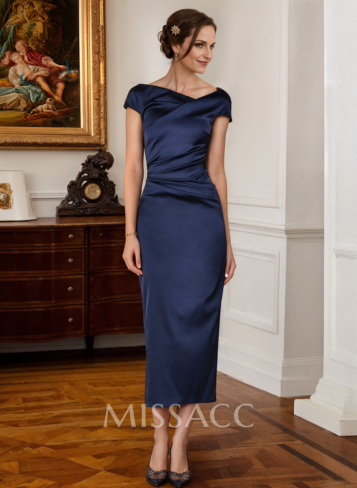 Sheath Cowl Neck Short Sleeves Tea-Length Satin Mother Of The Bride Dresses Sheath Cowl Neck Short Sleeves Tea-Length Satin Mother Of The Bride Dresses