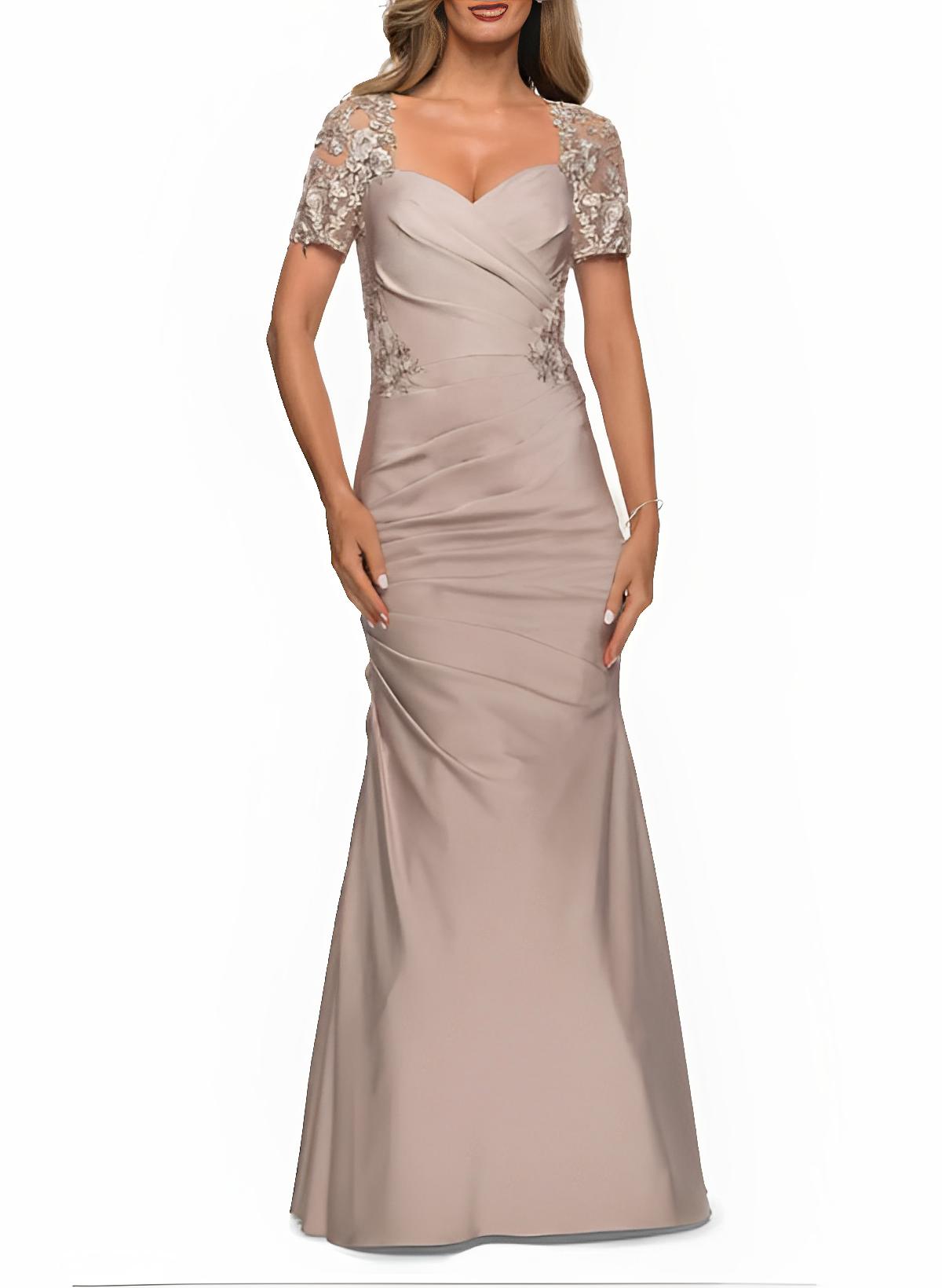 V-Neck Short Sleeves Satin Mother Of The Bride Dresses With Lace