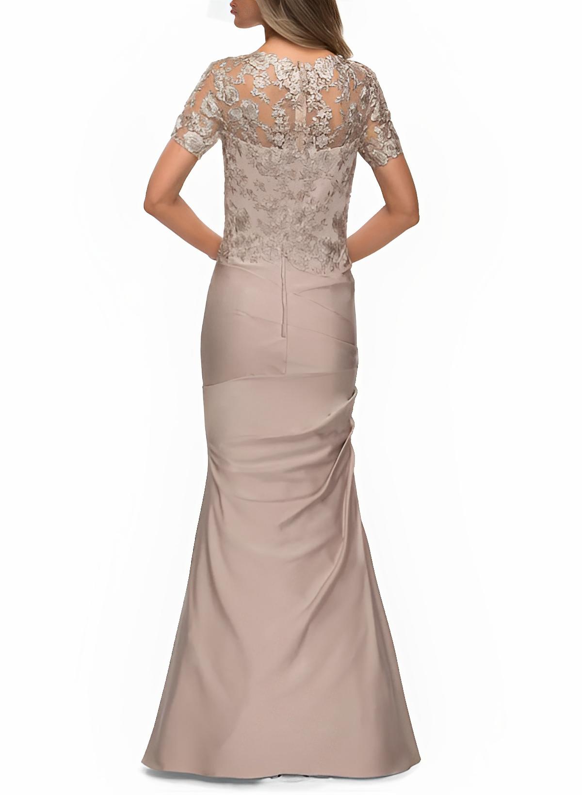 V-Neck Short Sleeves Satin Mother Of The Bride Dresses With Lace