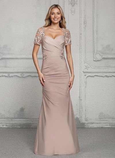 V-Neck Short Sleeves Satin Mother Of The Bride Dresses With Lace