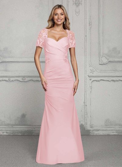 V-Neck Short Sleeves Satin Mother Of The Bride Dresses With Lace