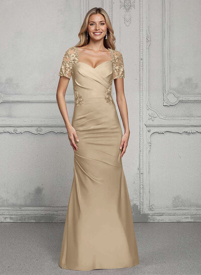 V-Neck Short Sleeves Satin Mother Of The Bride Dresses With Lace