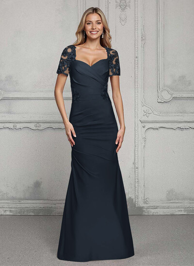 V-Neck Short Sleeves Satin Mother Of The Bride Dresses With Lace
