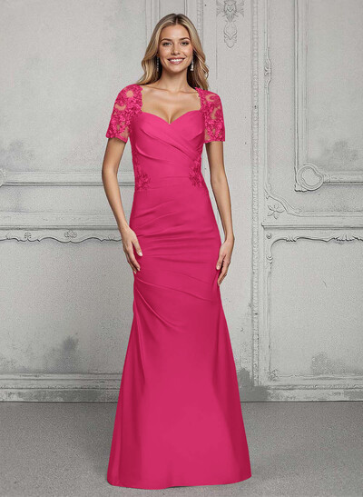 V-Neck Short Sleeves Satin Mother Of The Bride Dresses With Lace