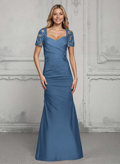 V-Neck Short Sleeves Satin Mother Of The Bride Dresses With Lace