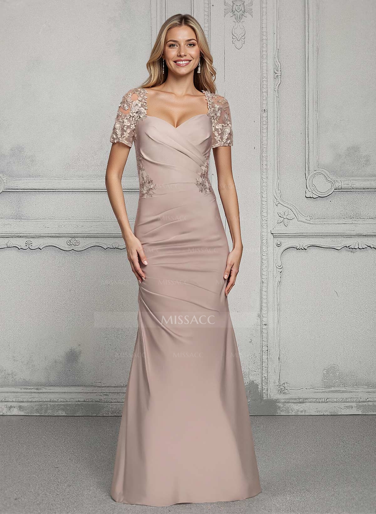 V-Neck Short Sleeves Satin Mother Of The Bride Dresses With Lace