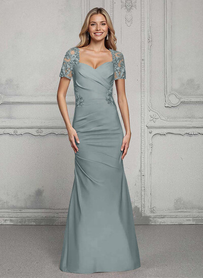 V-Neck Short Sleeves Satin Mother Of The Bride Dresses With Lace