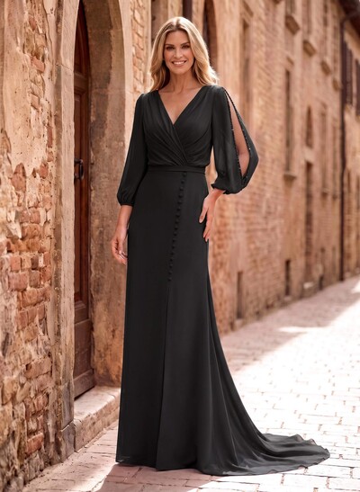 A-Line V-Neck Long Sleeves Court Train Mother Of The Bride Dresses