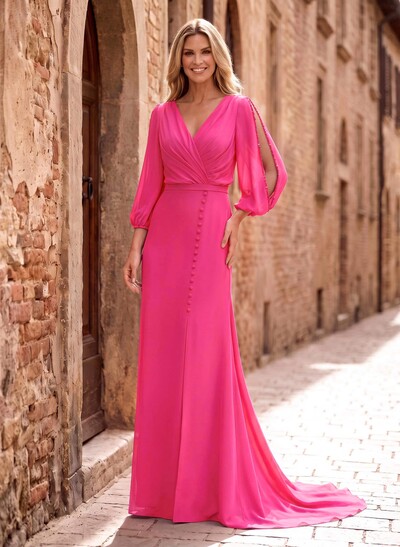 A-Line V-Neck Long Sleeve Court Train Mother Of The Bride Dresses