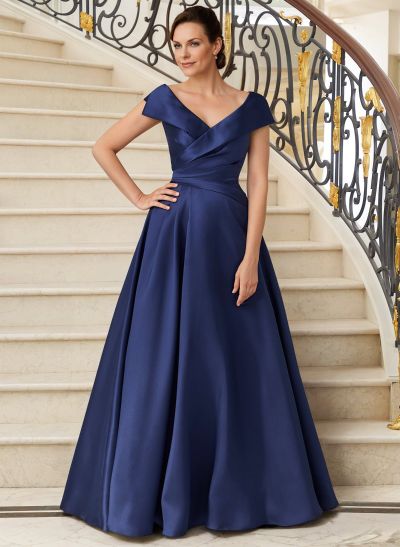 A-Line V-Neck Sweep Train Satin Mother Of The Bride Dresses With Pleated