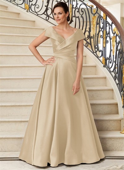 A-Line V-Neck Sweep Train Satin Mother Of The Bride Dresses With Pleated