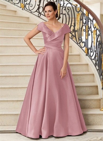 A-Line V-Neck Sweep Train Satin Mother Of The Bride Dresses With Pleated