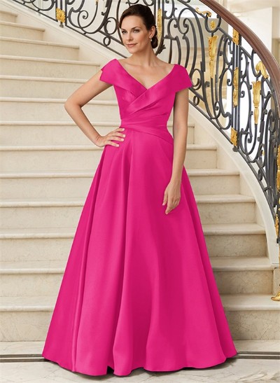 A-Line V-Neck Sweep Train Satin Mother Of The Bride Dresses With Pleated