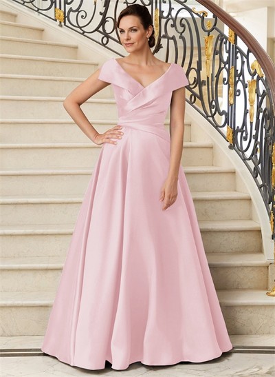 A-Line V-Neck Sweep Train Satin Mother Of The Bride Dresses With Pleated