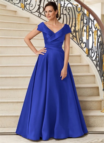 A-Line V-Neck Sweep Train Satin Mother Of The Bride Dresses With Pleated