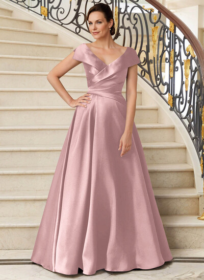 A-Line V-Neck Sweep Train Satin Mother Of The Bride Dresses With Pleated