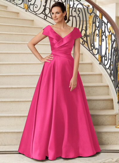 A-Line V-Neck Sweep Train Satin Mother Of The Bride Dresses With Pleated