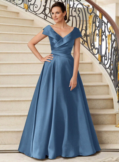A-Line V-Neck Sweep Train Satin Mother Of The Bride Dresses With Pleated