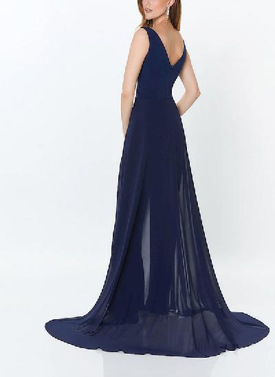 V-Neck Sleeveless Sweep Train Chiffon Mother Of The Bride Dresses With Appliques Lace