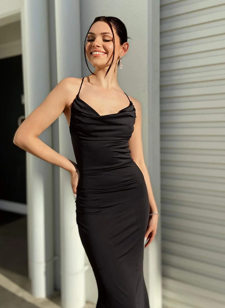 Black Trumpet/Mermaid Open Back Prom Dresses With Cowl Neck