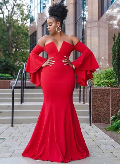 Red Off-The-Shoulder Long Sleeves Mermaid Prom Dresses With Elastic Satin