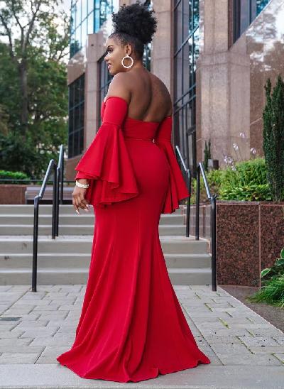 Red Off-The-Shoulder Long Sleeves Mermaid Prom Dresses With Elastic Satin