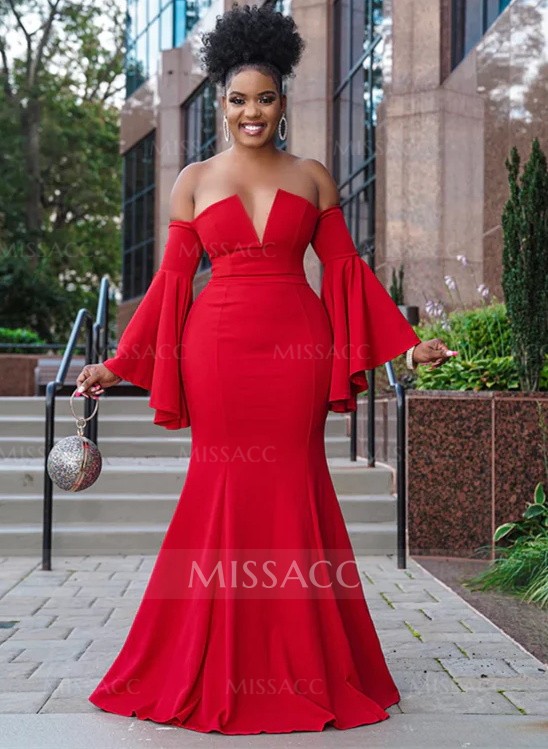 Red Off-The-Shoulder Long Sleeves Mermaid Prom Dresses With Elastic Satin