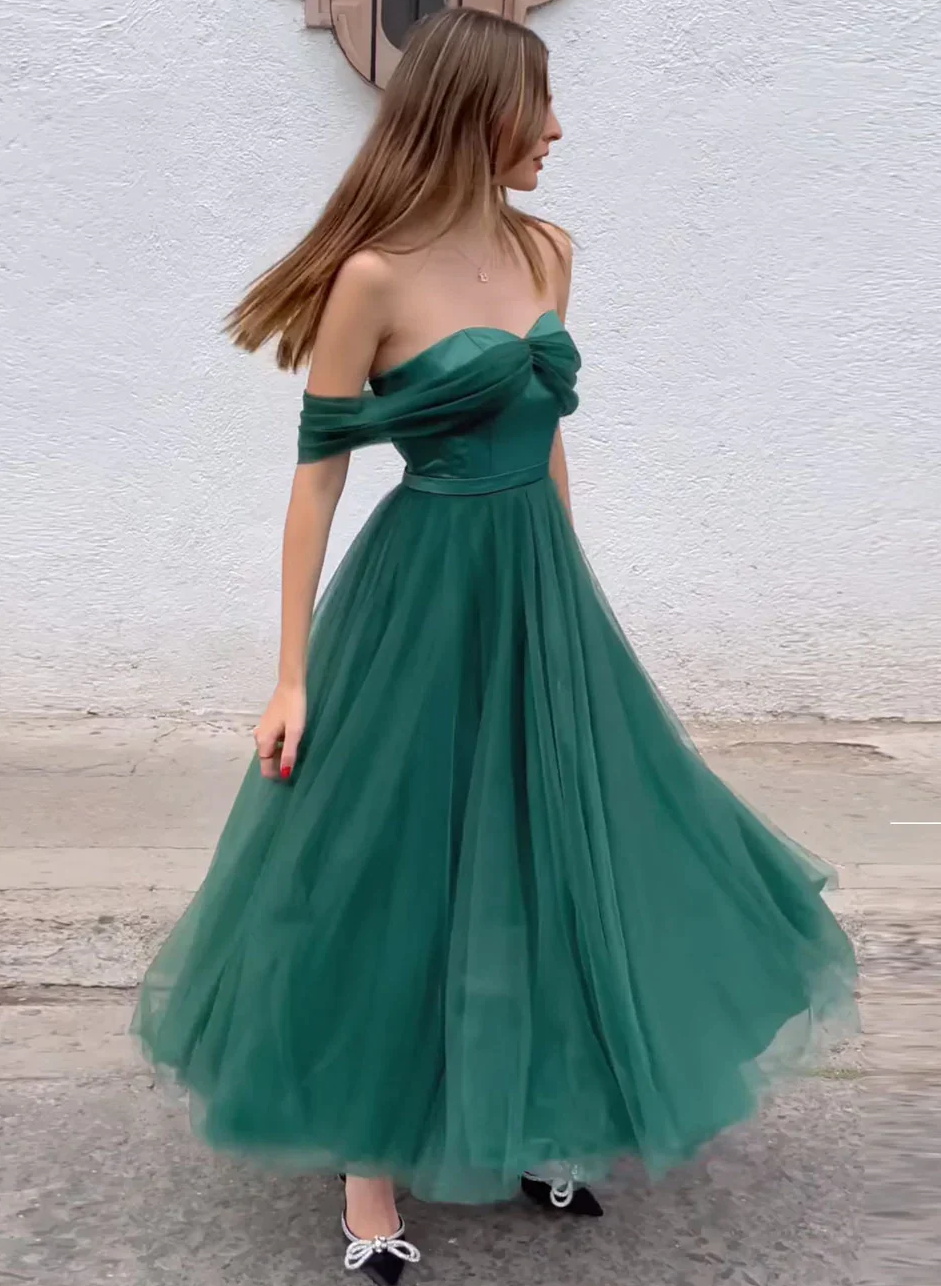 A-Line Off-The-Shoulder Tulle Green Prom Dresses