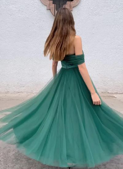 A-Line Off-The-Shoulder Tulle Green Prom Dresses