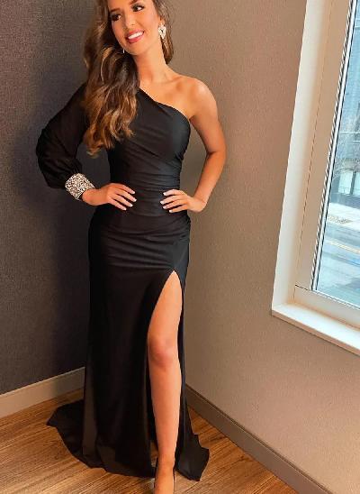 Black One-Shoulder Long Sleeves Beading Prom Dresses With Elastic Satin