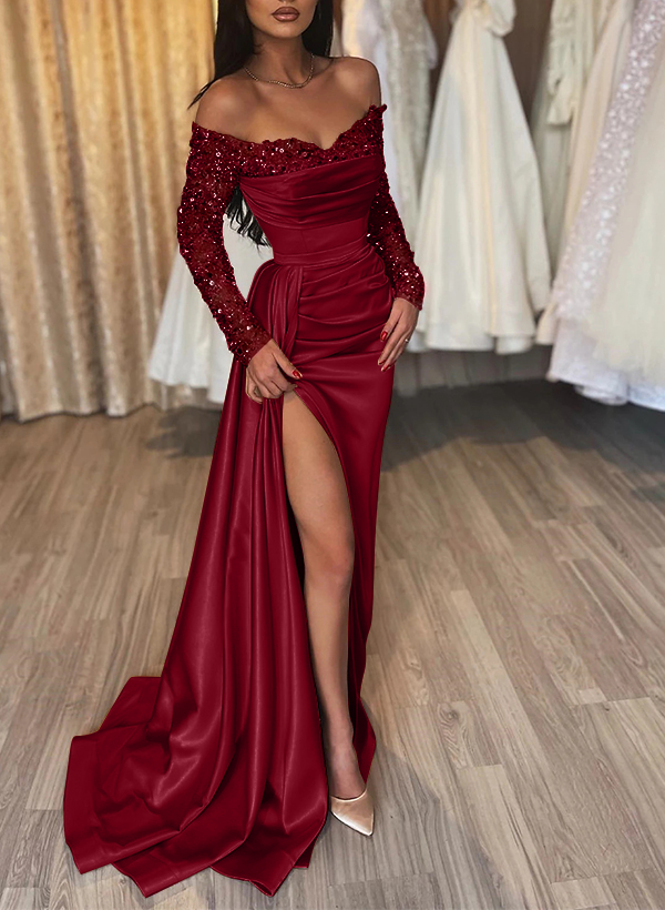 Sheath/Column Off-The-Shoulder Long Sleeves Satin Prom Dresses With Split Front/Rhinestone