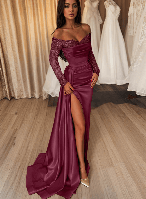 Sheath/Column Off-The-Shoulder Long Sleeves Satin Evening Dresses With Split Front