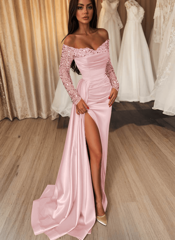 Sheath/Column Off-The-Shoulder Long Sleeves Satin Evening Dresses With Split Front