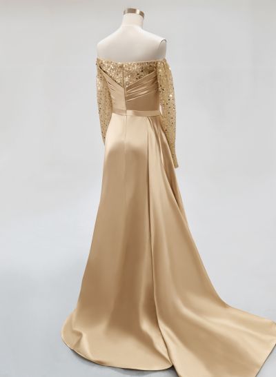 Sheath/Column Off-The-Shoulder Long Sleeves Satin Prom Dresses With High Split
