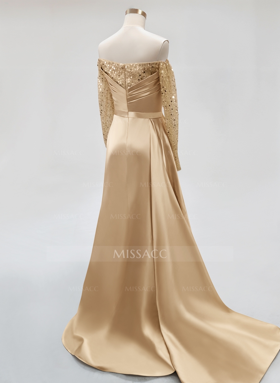 Sheath/Column Off-The-Shoulder Long Sleeves Satin Prom Dresses With High Split
