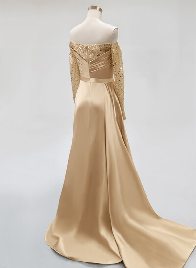 Fitted Off-The-Shoulder Long Sleeve Satin Prom Dresses With High Slit