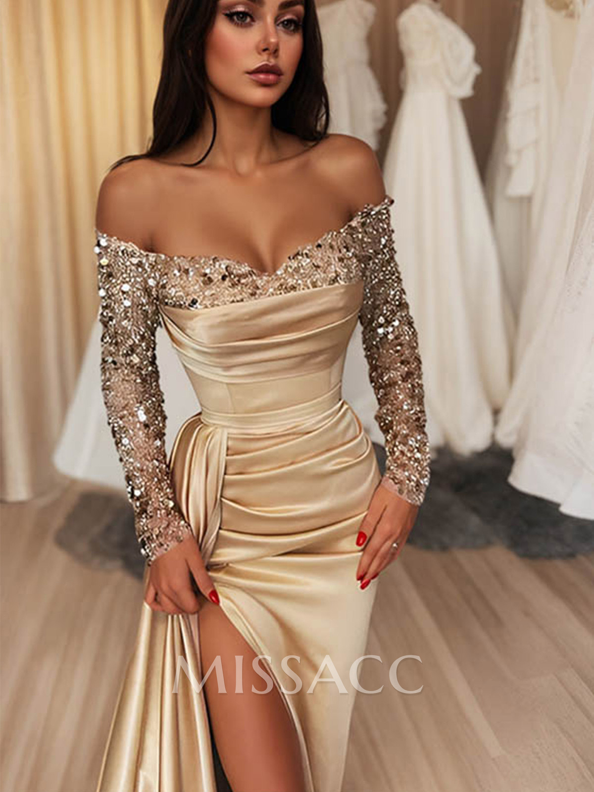 Sheath/Column Off-The-Shoulder Long Sleeves Satin Prom Dresses With High Split